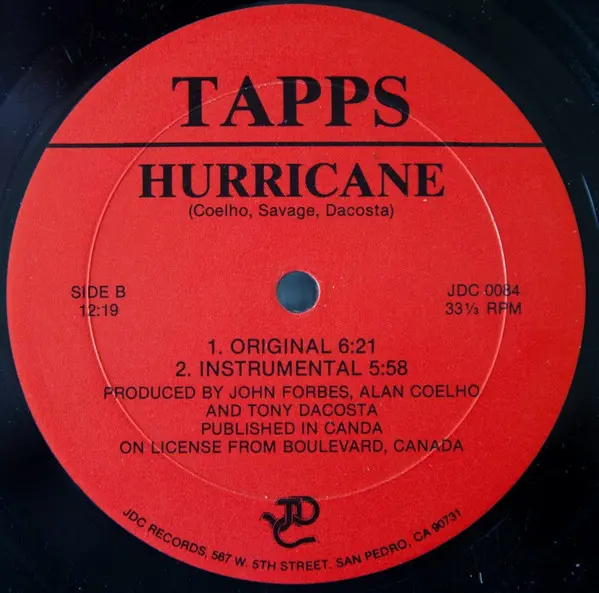 Tapps - Hurricane, Electronic, Disco, Hi NRG, JDC Records, US, Vinyl 1x 12"