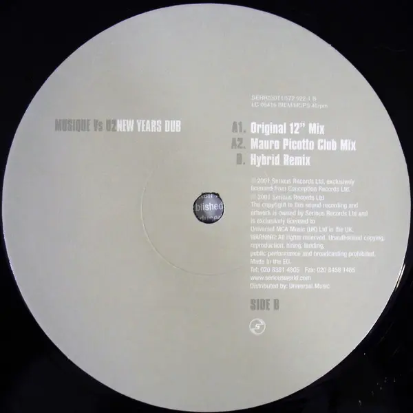 Musique (2) Vs U2 - New Years Dub, Electronic, Breaks, Progressive House, Techno, 2001 - Serious Records, Europe, Vinyl 1x 12