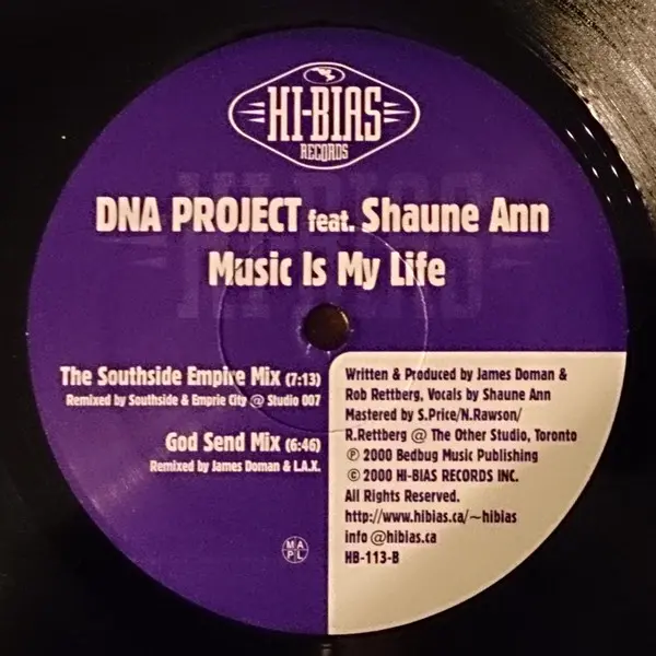 DNA Project Feat. Shaune Anne - Music Is My Life, Electronic, House, 2000 - Hi-Bias Records, Canada, Vinyl 1x 12"