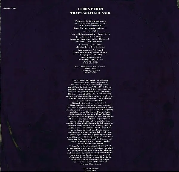 Flora Purim - That's What She Said, Jazz, Fusion, 1978 - Milestone (4), US, Vinyl 1x LP, Album Terre Haute Pressing
