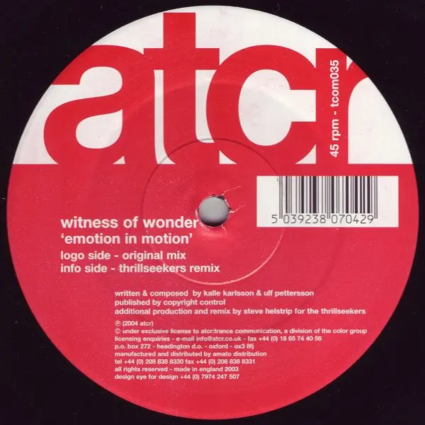Witness Of Wonder - Emotion In Motion, Electronic, Trance, 2004 - A Trance Communication Release (ATCR), UK, Vinyl 1x 12", 45