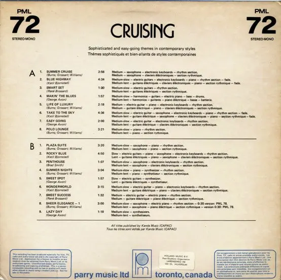 Various - Cruising, Funk / Soul, Jazz, Stage & Screen, Jazz-Funk, Smooth Jazz, 1983 - Parry Music Ltd, Canada, Vinyl 1x LP