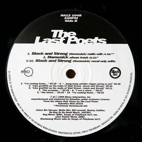Last Poets, The - Black And Strong (Homesick), Electronic, Hip Hop, Experimental, Hip Hop, 1995 - Rykodisc, US, Vinyl 1x 12"