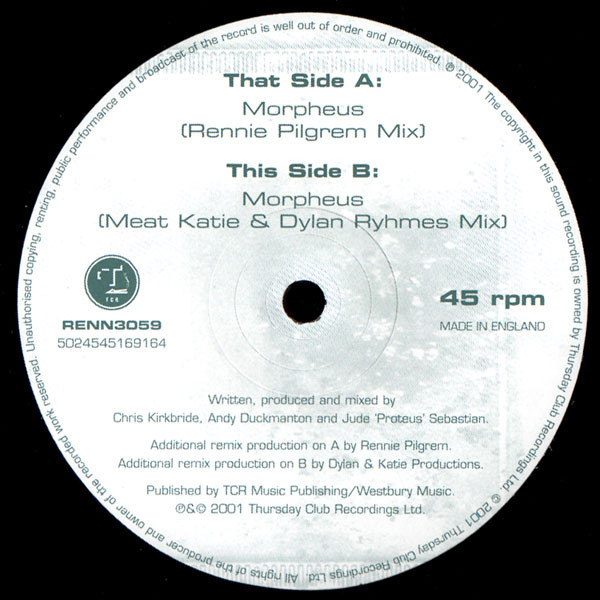 Koma & Bones - Morpheus (Remixes), Electronic, Breaks, Tech House, 2001 - Thursday Club Recordings (TCR), UK, Vinyl 1x 12", 4