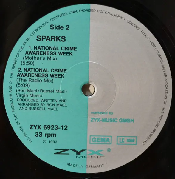 Sparks - National Crime Awareness Week, Electronic, Euro House, Techno, 1993 - ZYX Music, Germany, Vinyl 1x 12"