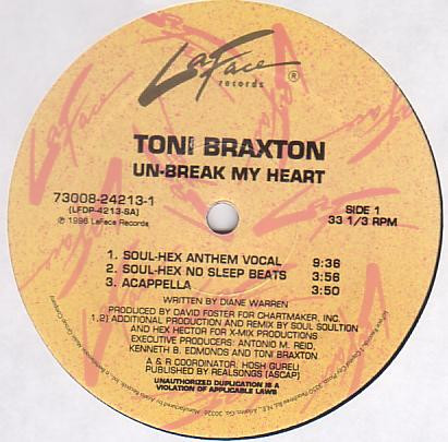Toni Braxton - Un-Break My Heart, Electronic, House, 1996 - LaFace Records, US, Vinyl 1x 12", 33 ⅓ RPM