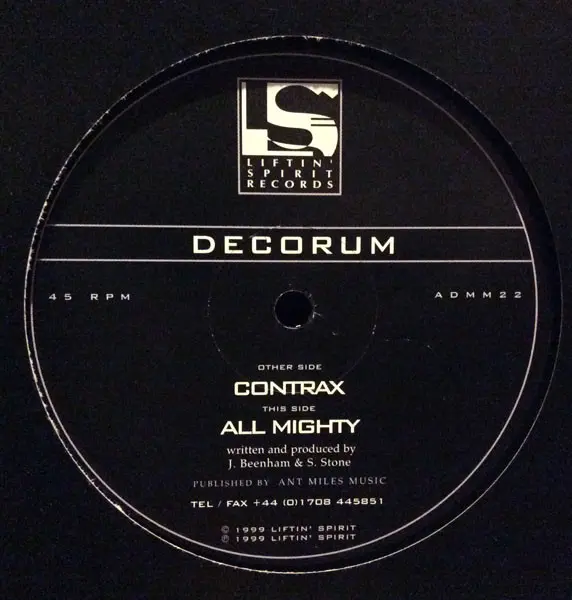 Decorum - Contrax / All Mighty, Electronic, Drum n Bass, 1999 - Liftin' Spirit Records, UK, Vinyl 1x 12", 45 RPM