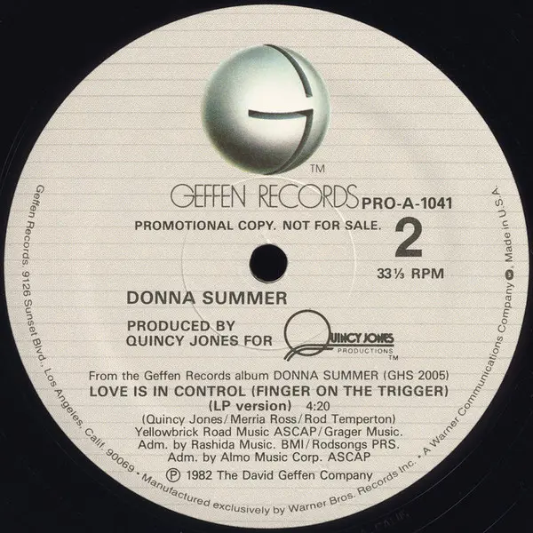 Donna Summer - Love Is In Control (Finger On The Trigger), Electronic, Disco, 1982 - Geffen Records, US, Vinyl 1x 12", 33 ⅓ R