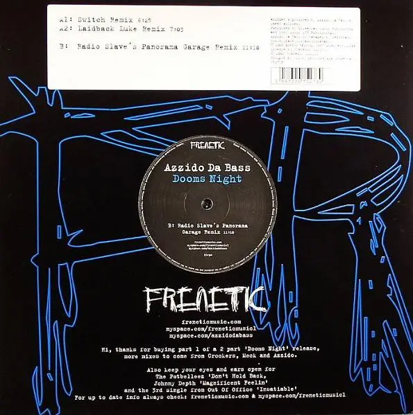 Azzido Da Bass - Dooms Night, Electronic, House, Tech House, Techno, 2008 - Frenetic Music, UK, Vinyl 1x 12"