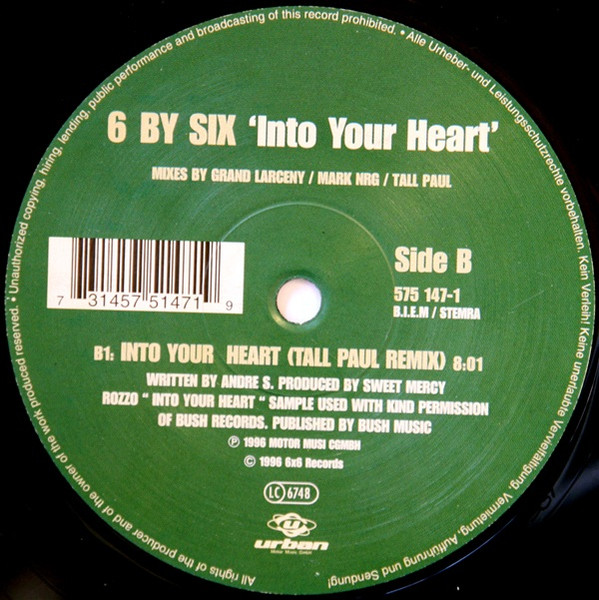 6 By Six - Into Your Heart, Electronic, House, 1996 - Urban, Germany, Vinyl 1x 12"