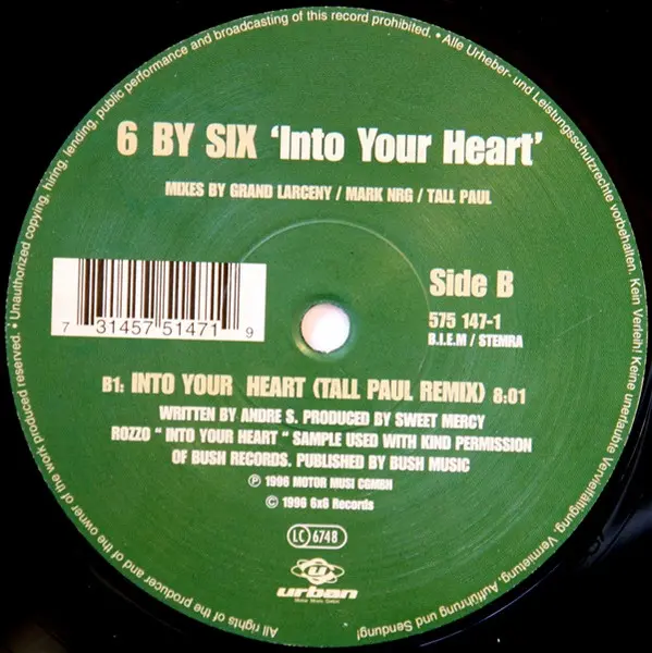 6 By Six - Into Your Heart, Electronic, House, 1996 - Urban, Germany, Vinyl 1x 12"
