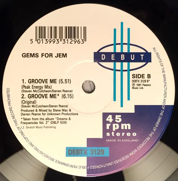 Gems For Jem - Everybody! Groove Me, Electronic, Breakbeat, Hardcore, House, 1991 - Debut, UK, Vinyl 1x 12", 45 RPM