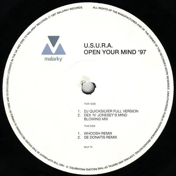 U.S.U.R.A. - Open Your Mind '97, Electronic, House, Trance, 1997 - Malarky Records, UK, Vinyl 1x 12", 33 ⅓ RPM