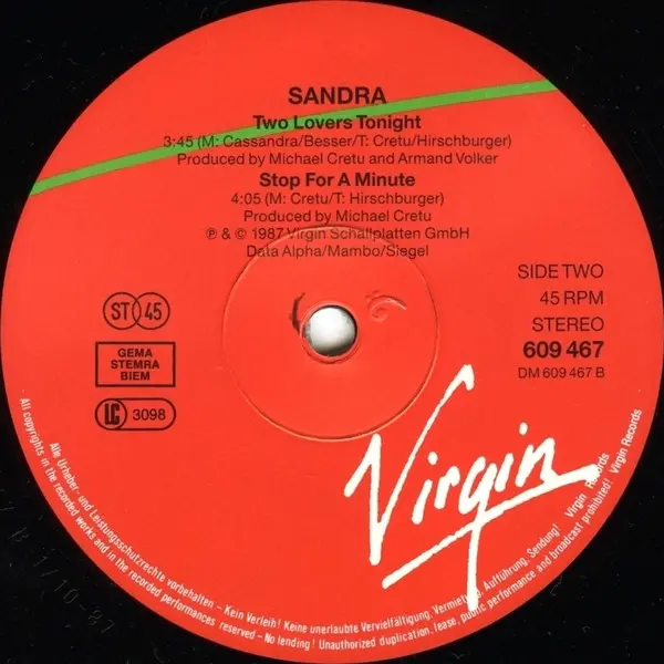 Sandra - Stop For A Minute, Electronic, Euro-Disco, Synth-pop, 1987 - Virgin, Europe, Vinyl 1x 12", 45 RPM, Stereo