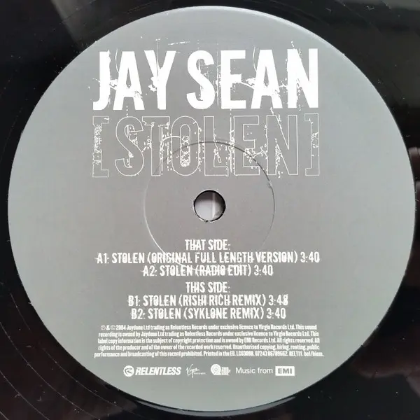 Jay Sean - Stolen, Electronic, Hip Hop, RnB/Swing, 2004 - Relentless Records, UK, Vinyl 1x 12", 33 ⅓ RPM