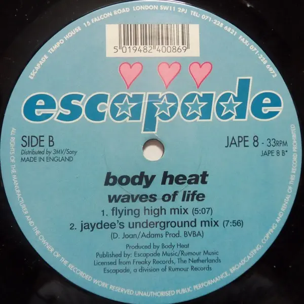 Body Heat - Waves Of Life, Electronic, Euro House, 1994 - Escapade, UK, Vinyl 1x 12", 33 ⅓ RPM