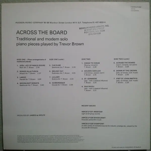 Trevor Brown (5) - Across The Board, Classical, Jazz, 1982 - Hudson Music Company, UK, Vinyl 1x LP