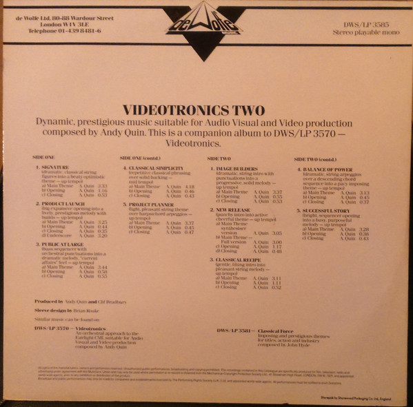 Andy Quin - Videotronics Two, Electronic, Jazz, Stage & Screen, Theme, 1987 - Music De Wolfe, UK, Vinyl 1x LP