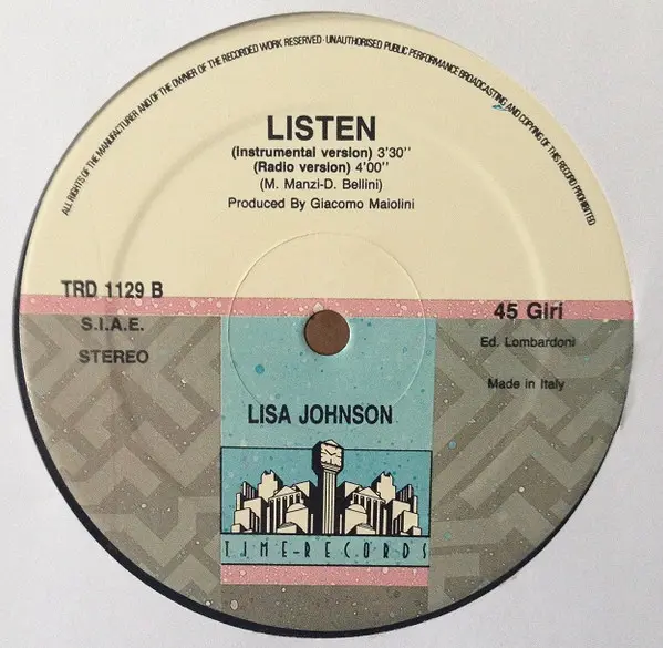 Lisa Johnson - Listen, Electronic, Eurobeat, Hi NRG, Italo-Disco, 1989 - Time Records, Italy, Vinyl 1x 12", 45 RPM