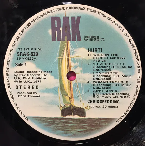 Chris Spedding - Hurt, Rock, Classic Rock, 1977 - RAK, Australia, Vinyl 1x LP, Album
