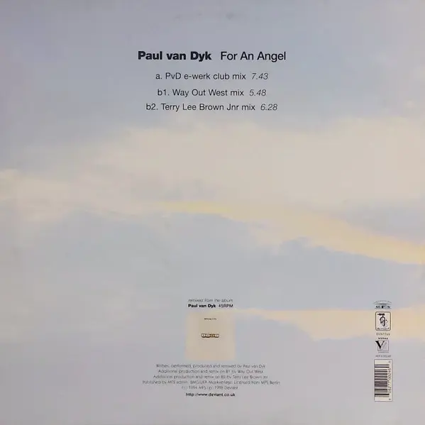 Paul van Dyk - For An Angel, Electronic, Progressive House, Trance, 1998 - Deviant Records, UK, Vinyl 1x 12", 33 ⅓ RPM, Singl