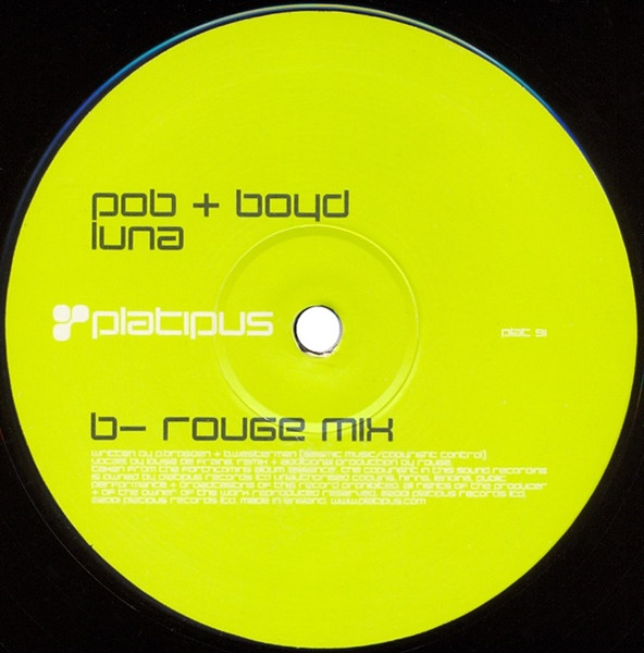 Pob + Boyd Westerman - Luna, Electronic, Progressive House, 2001 - Platipus, UK, Vinyl 1x 12", 45 RPM