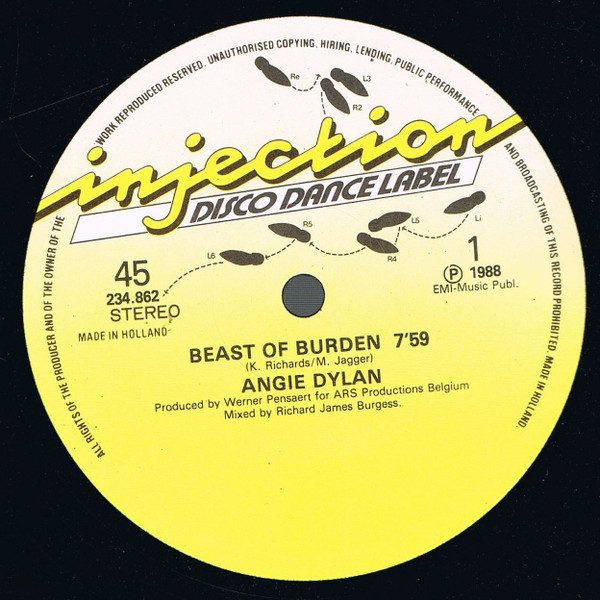 Angie Dylan - Beast Of Burden, Electronic, Rock, Pop Rock, Synth-pop, 1988 - Injection Disco Dance Label, Netherlands, Vinyl 