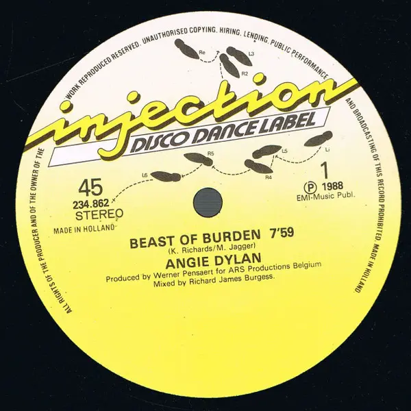 Angie Dylan - Beast Of Burden, Electronic, Rock, Pop Rock, Synth-pop, 1988 - Injection Disco Dance Label, Netherlands, Vinyl 