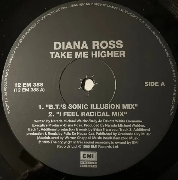 Diana Ross - Take Me Higher, Electronic, House, Progressive House, Techno, 1995 - EMI United Kingdom, UK, Vinyl 1x 12"