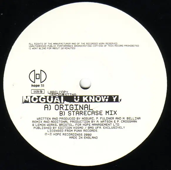 Moguai - U Know Y, Electronic, Breaks, Progressive House, 2003 - Hope Recordings, UK, Vinyl 1x 12", 33 ⅓ RPM, 45 RPM, Stereo