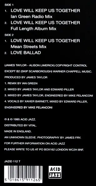 James Taylor Quartet, The Featuring Alison Limerick - Love Will Keep Us Together, Electronic, Acid Jazz, 1995 - Acid Jazz, UK