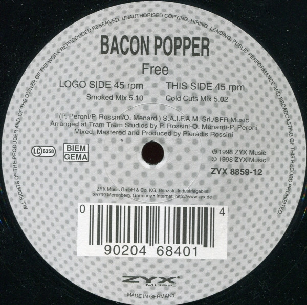 Bacon Popper - Free, Electronic, Progressive House, 1998 - ZYX Music, Europe, Vinyl 1x 12", 45 RPM