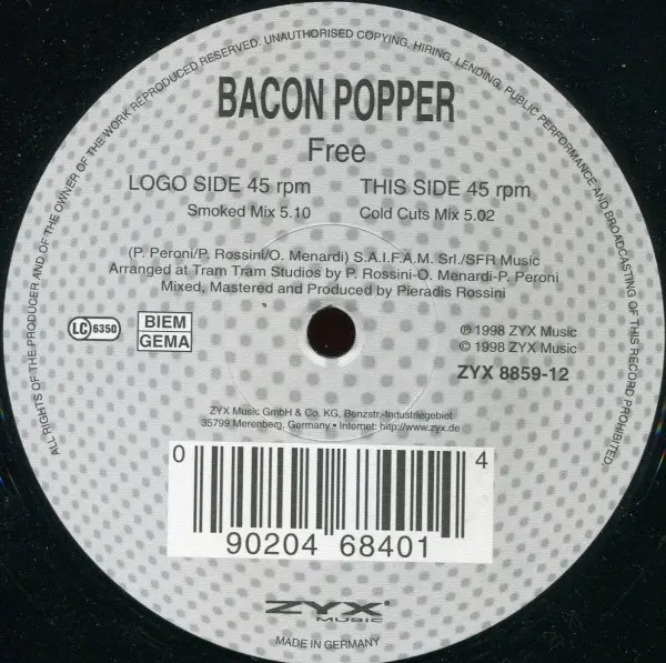 Bacon Popper - Free, Electronic, Progressive House, 1998 - ZYX Music, Europe, Vinyl 1x 12", 45 RPM