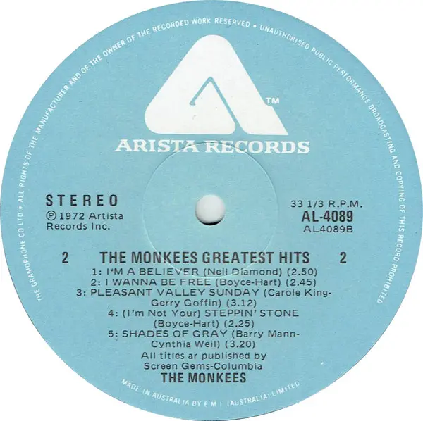 Monkees, The - The Monkees Greatest Hits, Rock, Pop Rock, 1976 - Arista, Australia, Vinyl 1x LP, Compilation, Reissue, Stereo