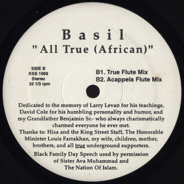 Basil - All True (African), Electronic, Deep House, House, 1997 - BPM King Street Sounds, US, Vinyl 1x 12", 33 ⅓ RPM, Stereo