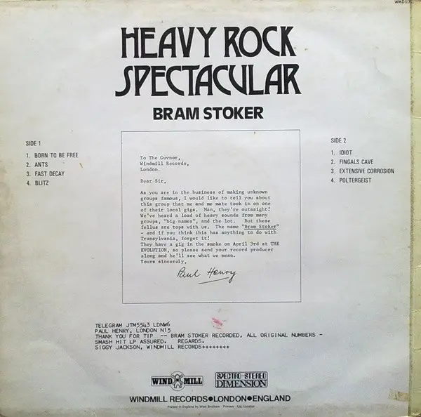 Bram Stoker (2) - Heavy Rock Spectacular, Rock, Prog Rock, 1972 - Windmill (3), UK, Vinyl 1x LP, Album, Stereo