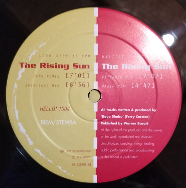 Raya Shaku - The Rising Sun, Electronic, House, Trance, 1996 - Hello! Records, Netherlands, Vinyl 1x 12", 33 ⅓ RPM