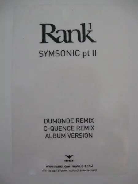 Rank 1 - Symsonic Pt II, Electronic, Ambient, Trance, 2004 - ID&T, Netherlands, Vinyl 1x 12", 33 ⅓ RPM, 45 RPM