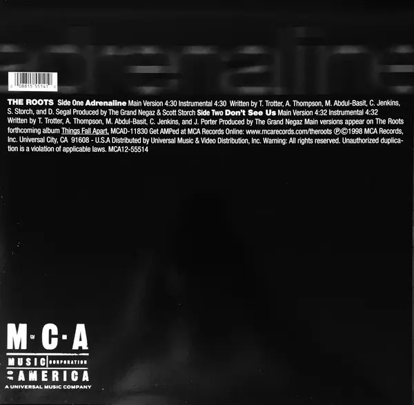 Roots, The - Adrenaline / Don't See Us - 1998 - - MCA Records - Vinyl 1x 12", 33 ⅓ RPM, Single