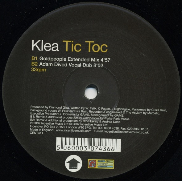 Klea - Tic Toc, Electronic, Progressive Trance, Trance, 2002 - Incentive, UK, Vinyl 1x 12"