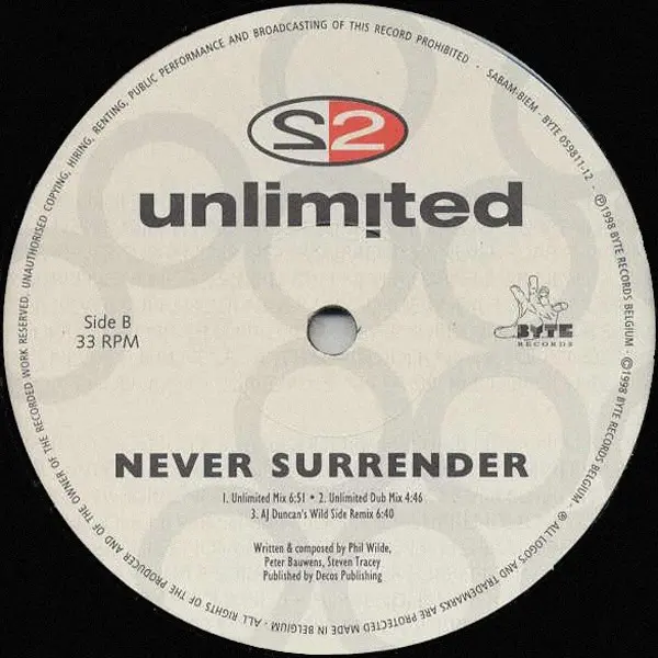 2 Unlimited - Never Surrender, Electronic, Euro House, 1998 - Byte Records, Benelux, Vinyl 1x 12", 33 ⅓ RPM