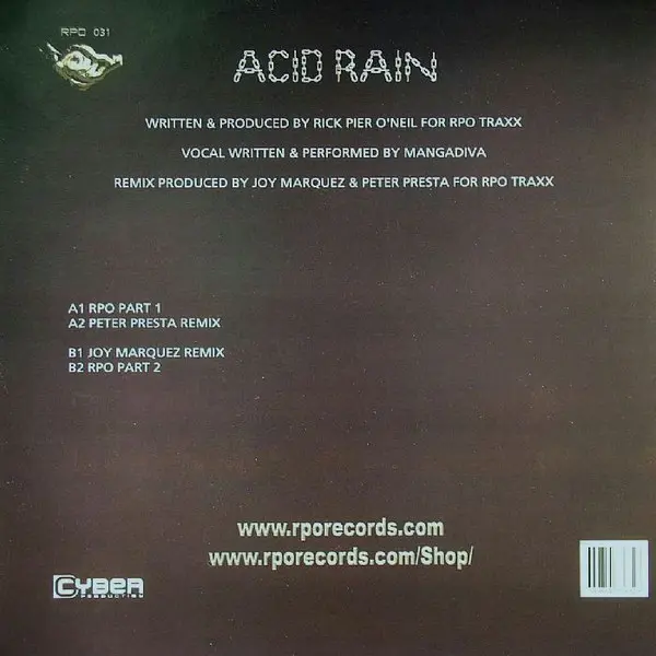 Rick Pier O'Neil - Acid Rain, Electronic, Progressive House, 2006 - RPO Traxx, France, Vinyl 1x 12", 33 ⅓ RPM