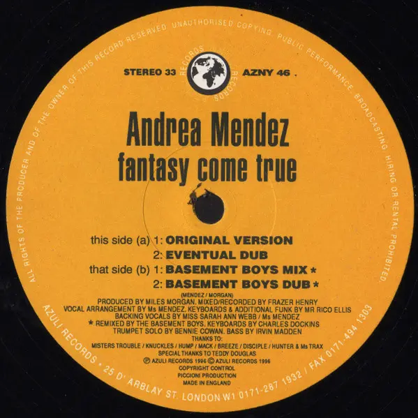 Andrea Mendez - Fantasy Come True (Original & Basement Boys Mixes), Electronic, Garage House, House, 1996 - Azuli Records, UK