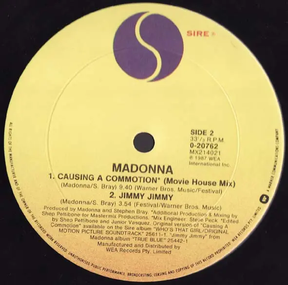 Madonna - Causing A Commotion, Electronic, Synth-pop, 1987 - Sire, Australia, Vinyl 1x 12", 33 ⅓ RPM