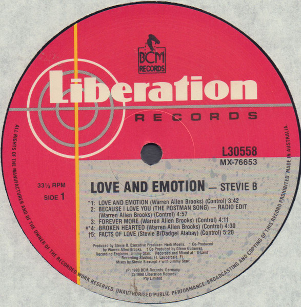 Stevie B - Love & Emotion, Electronic, Pop, Latin, Synth-pop, 1990 - BCM Records, Australia, Vinyl 1x LP, Album