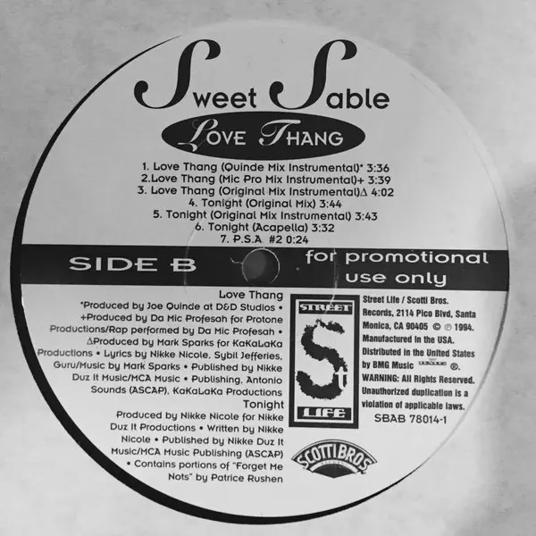 Sweet Sable - Love Thang, Hip Hop, RnB/Swing, 1994 - Street Life Records (2), US, Vinyl 1x 12", Promo