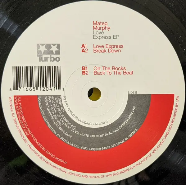 Mateo Murphy - Love Express EP, Electronic, Techno, Turbo, Canada, Vinyl 1x 12", 33 ⅓ RPM, EP, Limited Edition, Reissue