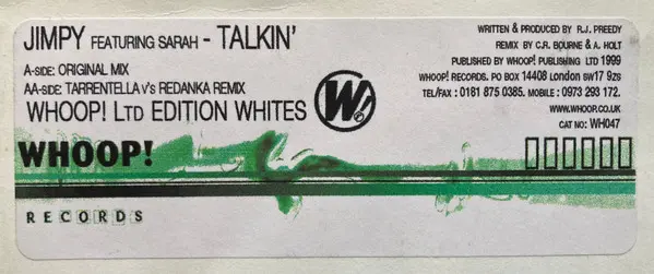 Jimpy Featuring Sarah (134) - Talkin', Electronic, Progressive House, Progressive Trance, 1999 - Whoop! Records, UK, Vinyl 1x