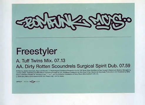Bomfunk MC's - Freestyler, Electronic, Donk, Hard House, 2000 - Dance Pool, UK, Vinyl 1x 12", 45 RPM, Single, Promo