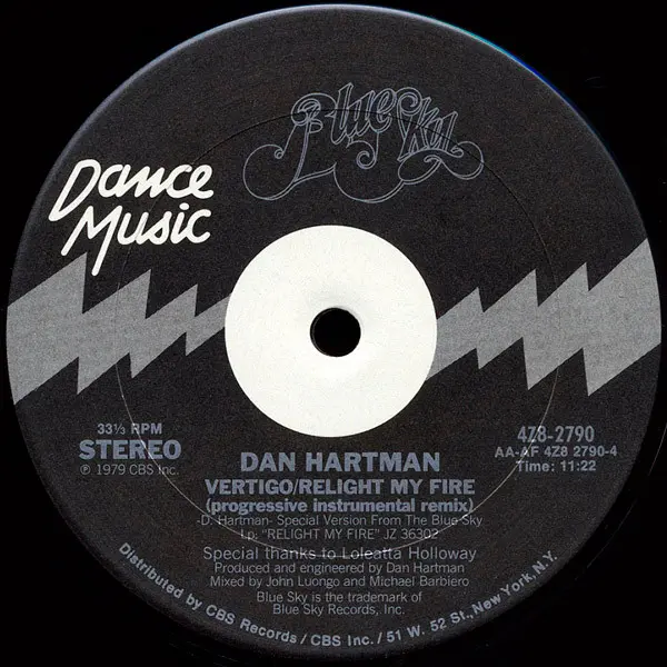 Dan Hartman - Vertigo / Relight My Fire, Funk / Soul, Disco, 1979 - Blue Sky, US, Vinyl 1x 12", 33 ⅓ RPM, Single, Partially M